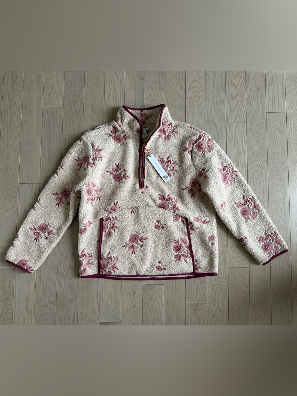 🆕🌷House of Harlow Women’s Floral Sherpa Half-Zip Pullover - Cream & Rose Small